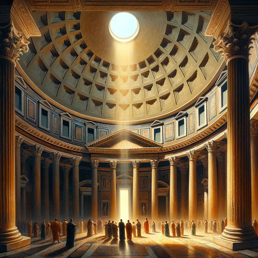 Cinematic painting of the Pantheon's dome with the open oculus, showcasing Roman engineering marvel, inspired by 1960s historical film style.