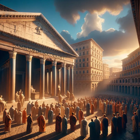 Cinematic painting of the Pantheon and Colosseum in ancient Rome, showing Roman citizens in togas, inspired by the style of 1960s historical films.