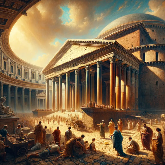 A cinematic portrayal of the Roman Pantheon with its vast dome and imposing columns, inspired by 1960s historical epic films.