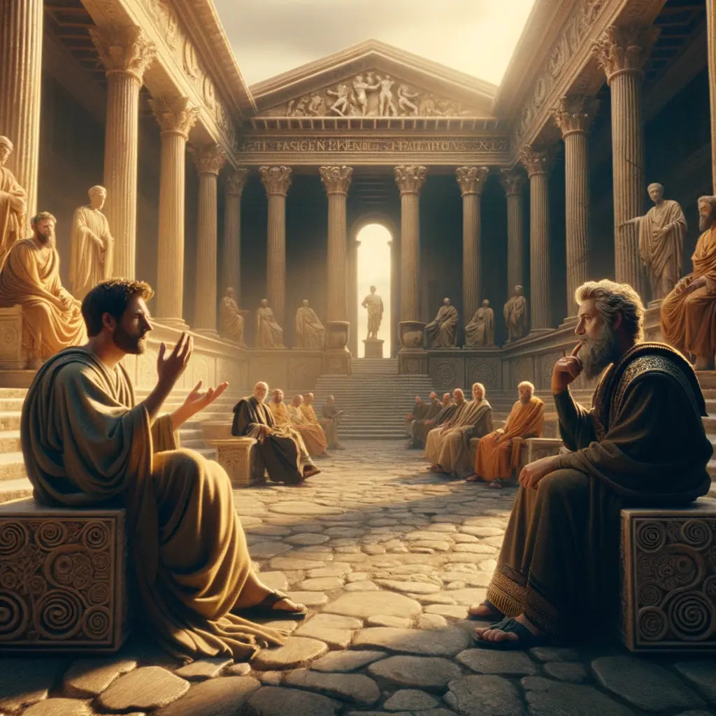 Philosophical debate between Seneca and Marcus Aurelius in a Roman forum, with marble columns in the background, inspired by 1960s historical epic films.