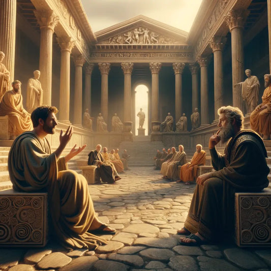Philosophical debate between Seneca and Marcus Aurelius in a Roman forum, with marble columns in the background, inspired by 1960s historical epic films.