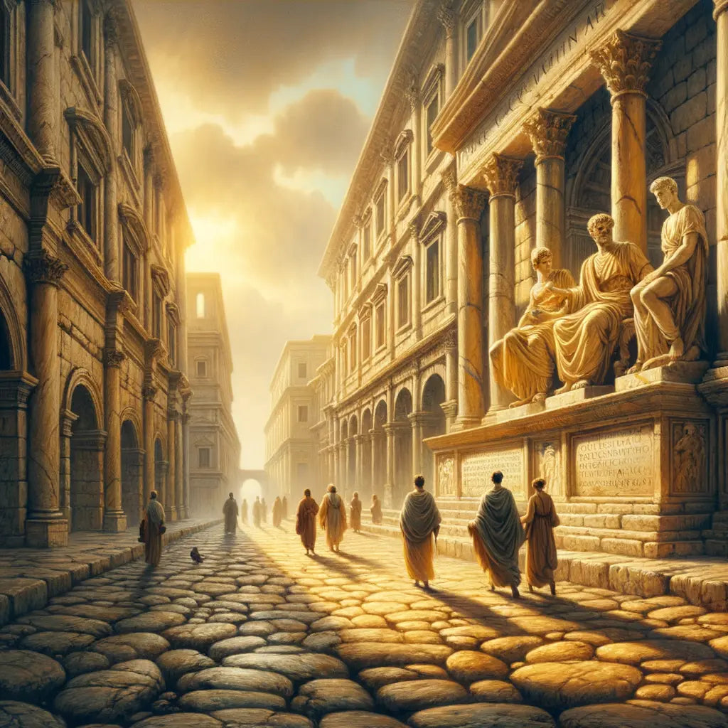 A Roman city street with cobblestones and marble statues, capturing the timelessness of Stoic philosophy, in a style reminiscent of 1960s historical films.