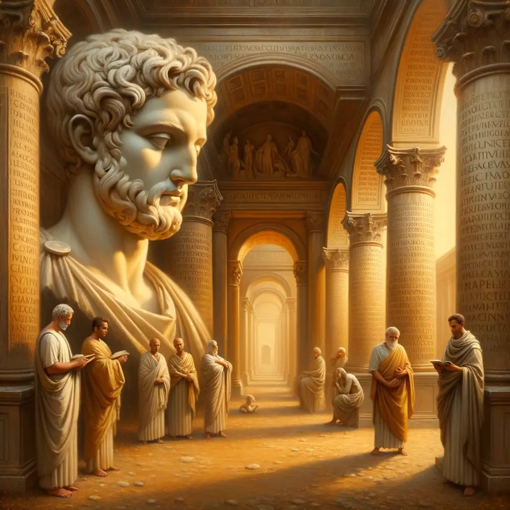 A serene statue symbolizing Stoic philosophy, set against majestic ancient Roman architecture, in the style of 1960s historical epic films.