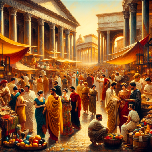 Bustling streets of ancient Rome with citizens in togas, surrounded by market stalls, captured in 1960s historical epic style.