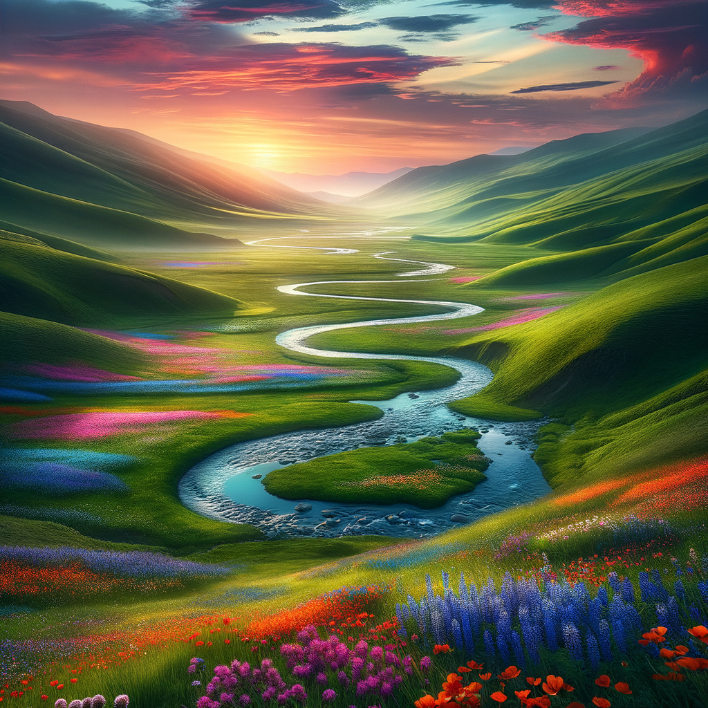 A picturesque view of a green valley at sunset, with a river and wildflowers.