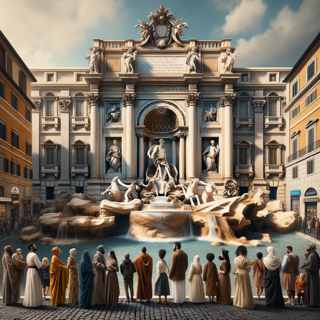 Roman citizens gather around the Trevi Fountain, with baroque sculptures and flowing water under a bright blue sky, in a scene reminiscent of classic 1960s historical films.