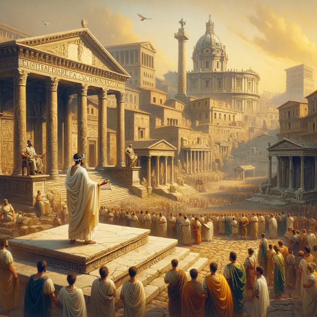 Augustus Caesar addressing Roman citizens in the forum, surrounded by architecture symbolizing the peace and prosperity of the Roman Empire, in a 1960s epic film style.