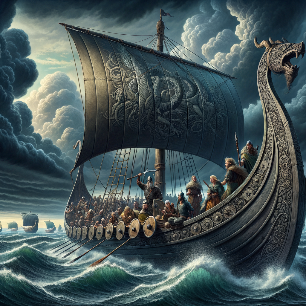 A Viking ship in turbulent waters, depicting a scene of cultural exchange during the Viking Age.