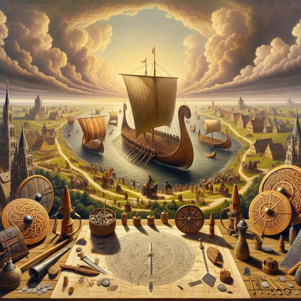 Medieval trade route map intertwined with Viking and Austrian artifacts, illustrating European cultural exchange in a 1960s epic style.