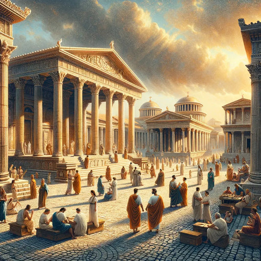 Ancient Roman forum scene with Ionic columns and Roman citizens, depicting the cultural blend of Greek and Roman influences, in the style of 1960s historical films.