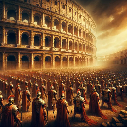 Roman soldiers in armor preparing for battle in front of the Colosseum, in a style reminiscent of 1960s historical films.