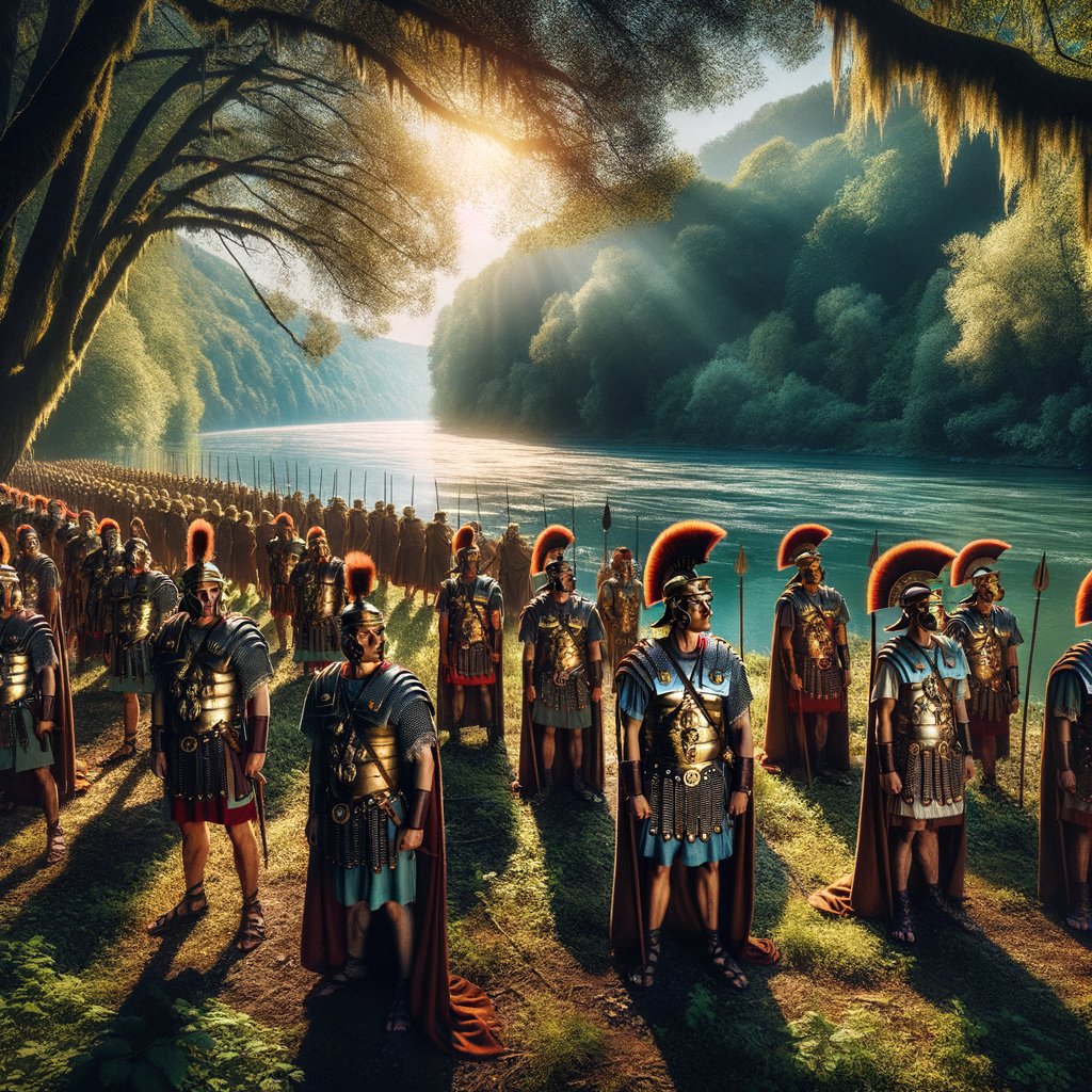 Roman legionaries from Legio V Macedonica in ceremonial armor on the Danube River banks, surrounded by forests, depicted in a 1960s historical film style.