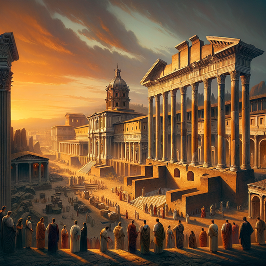 Artistic depiction of the Flavian Palace on Palatine Hill during sunset, showcasing its grand architecture with marble columns, reminiscent of 1960s historical epic films.