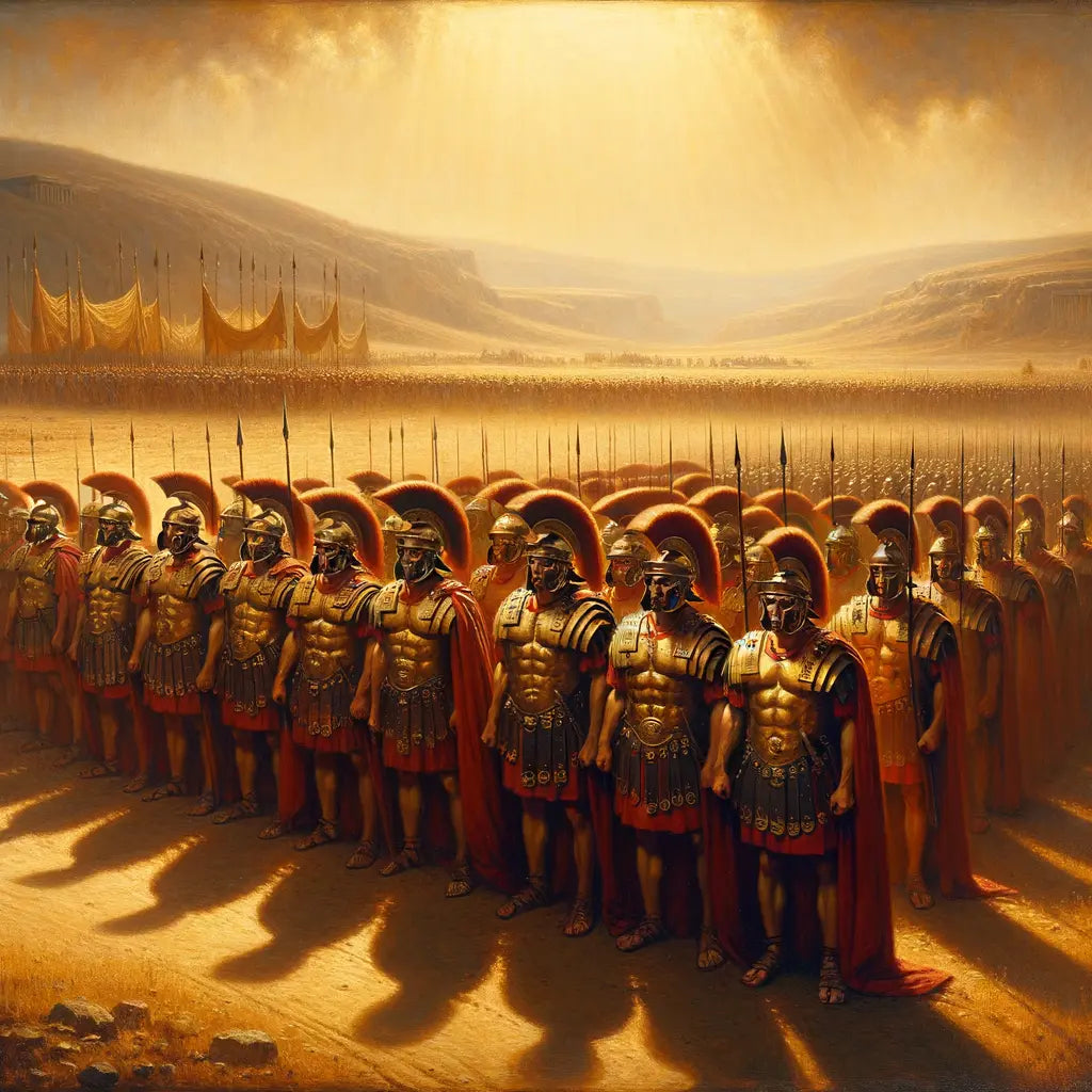 Roman soldiers in formation on a historical battlefield, illustrating their uniform height and discipline in a cinematic style reminiscent of 1960s epic films.