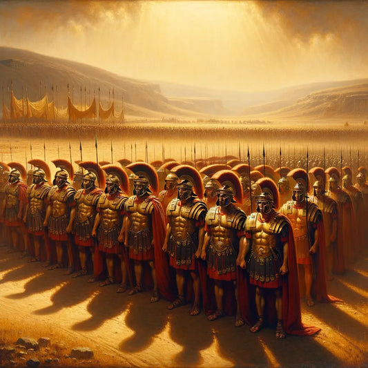 Roman soldiers in formation on a historical battlefield, illustrating their uniform height and discipline in a cinematic style reminiscent of 1960s epic films.