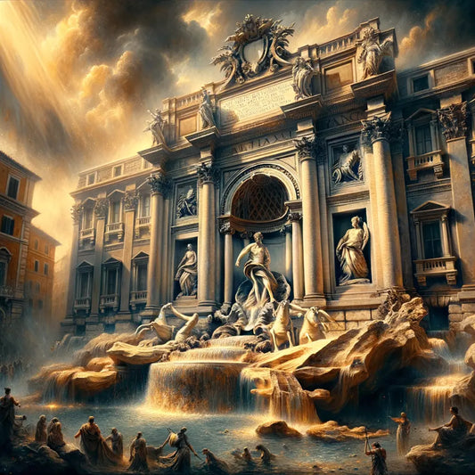 Cinematic view of Trevi Fountain with cascading water and surrounding Roman architecture, inspired by 1960s historical epics.