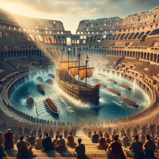 Ancient Roman spectators watch a mock naval battle inside the Colosseum's flooded arena, styled like a 1960s epic film.