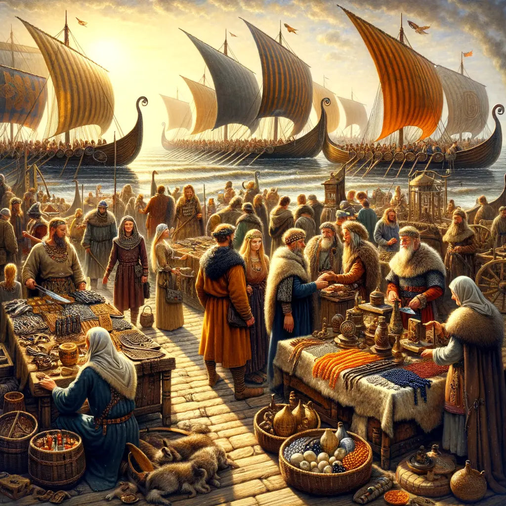 Viking and Prussian traders engage in lively trade at a Baltic Sea marketplace, surrounded by longships and cultural exchanges in a Viking-era setting.