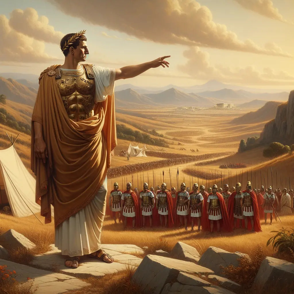 Julius Caesar leading Roman soldiers during a campaign, in the style of 1960s historical epic films.