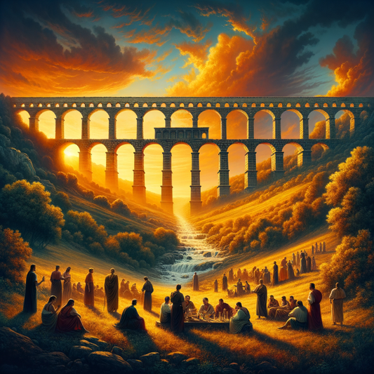 Ancient Roman aqueduct silhouetted against a sunset, spanning a green valley, capturing engineering and natural beauty in a cinematic style.