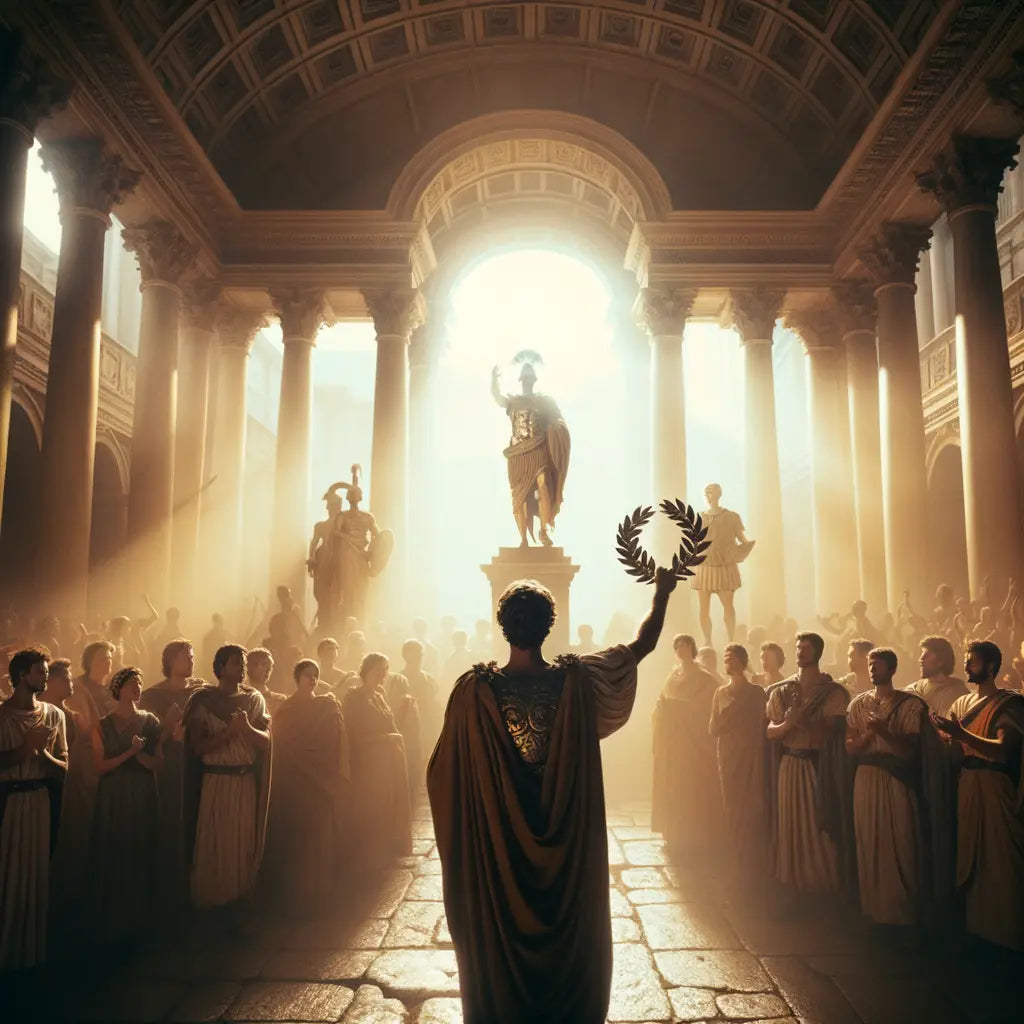 A Roman general wearing a laurel wreath is celebrated amidst marble statues in a sunlit plaza, in the style of 1960s historical epics.