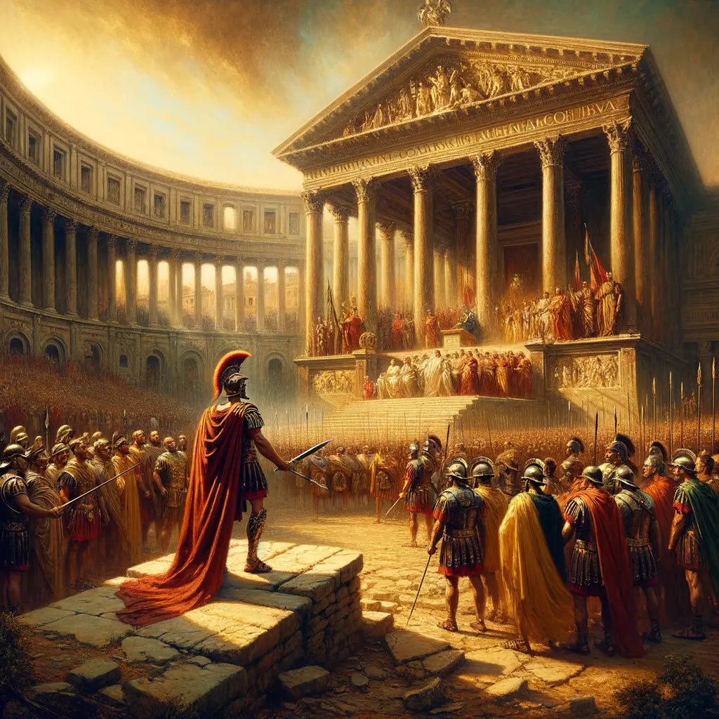 Julius Caesar leading legions in front of a tumultuous Roman Senate, evoking classic 1960s historical epic films.
