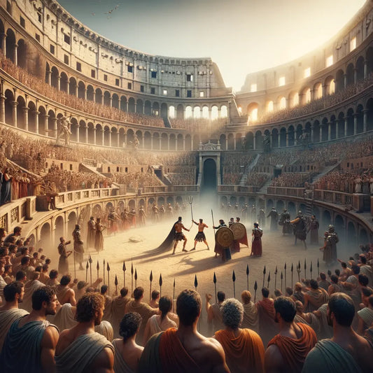 Panoramic view of the Colosseum during a gladiatorial show, with an audience in togas and gladiators in combat, inspired by 1960s Roman epic films.