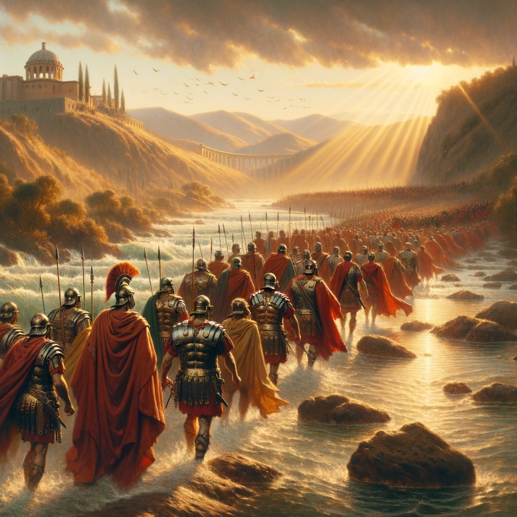 Julius Caesar dramatically crossing the Rubicon with Roman soldiers and an ancient landscape, styled like a 1960s historical film.