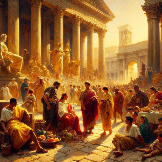 Roman forum scene with citizens in diverse tunics, highlighting social, gender, and occupational distinctions, inspired by 1960s historical films.