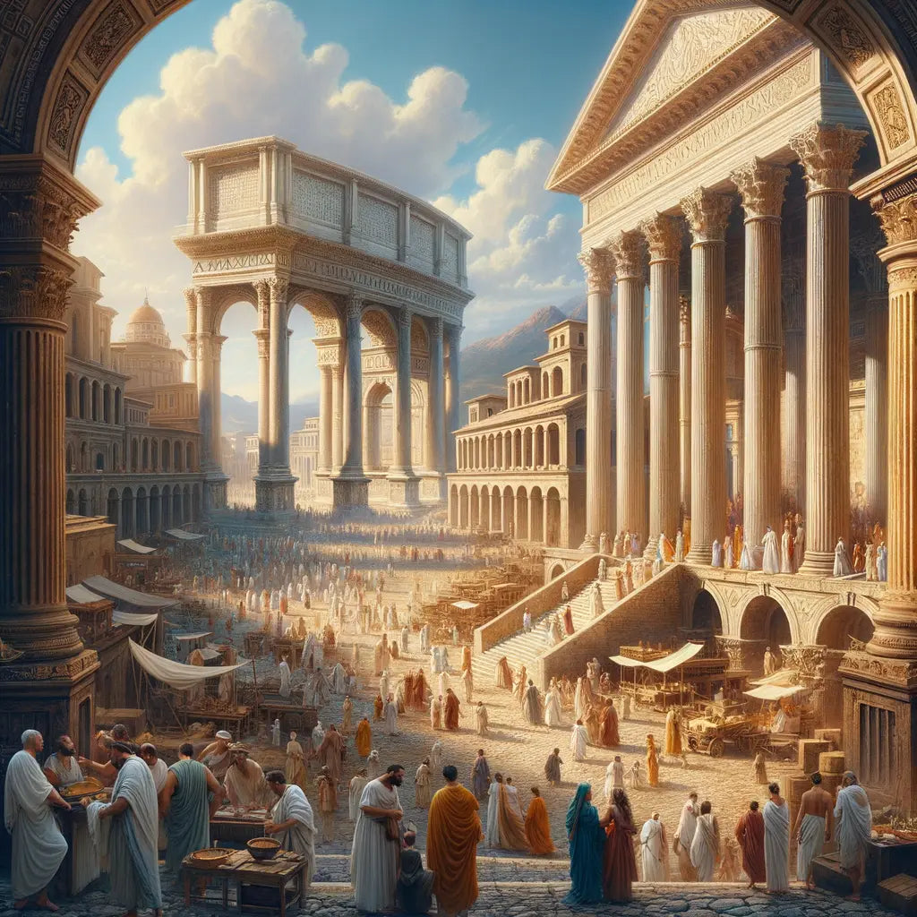 Ancient Roman forum with patricians and plebeians engaged in daily activities, surrounded by grand Roman architecture, inspired by classic 1960s historical films.