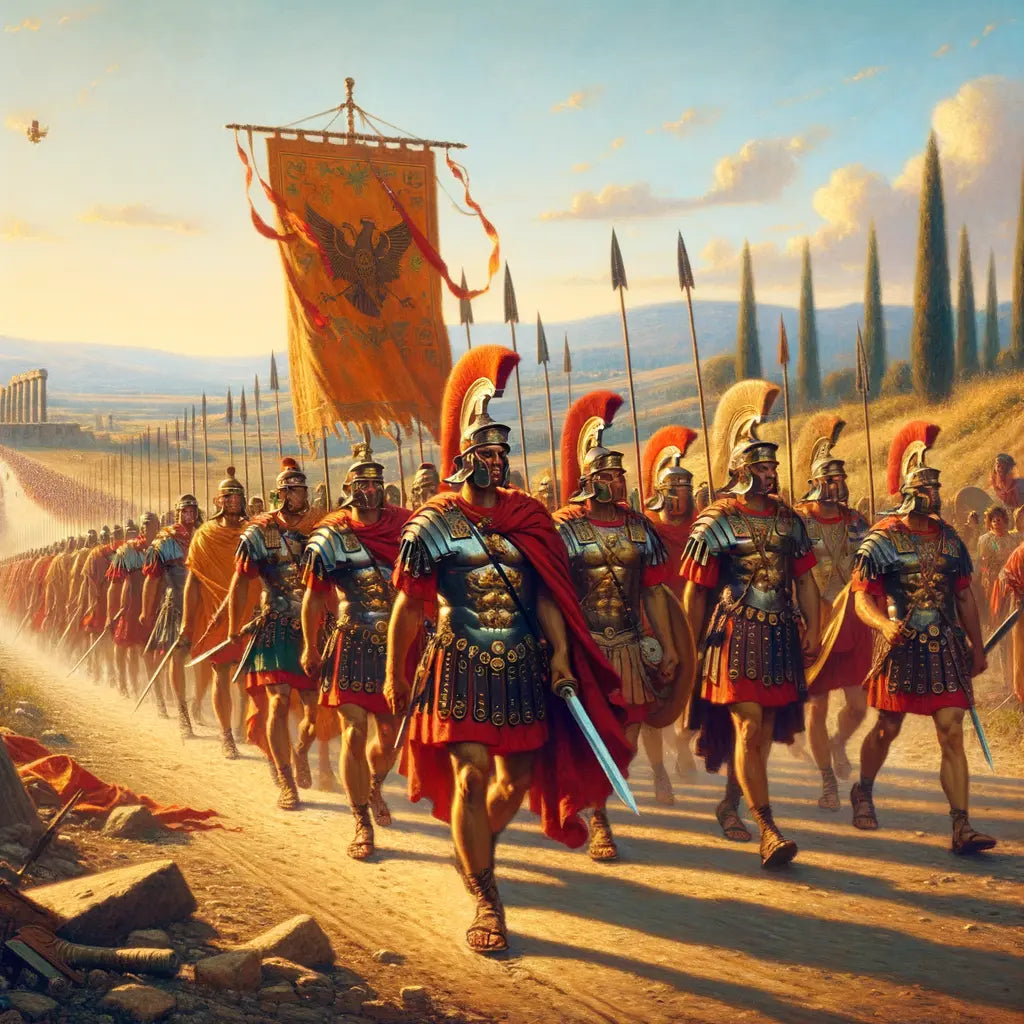 Roman legion marching on a dusty road with banners high, displaying discipline and strength, in a style evoking 1960s historical epic films.