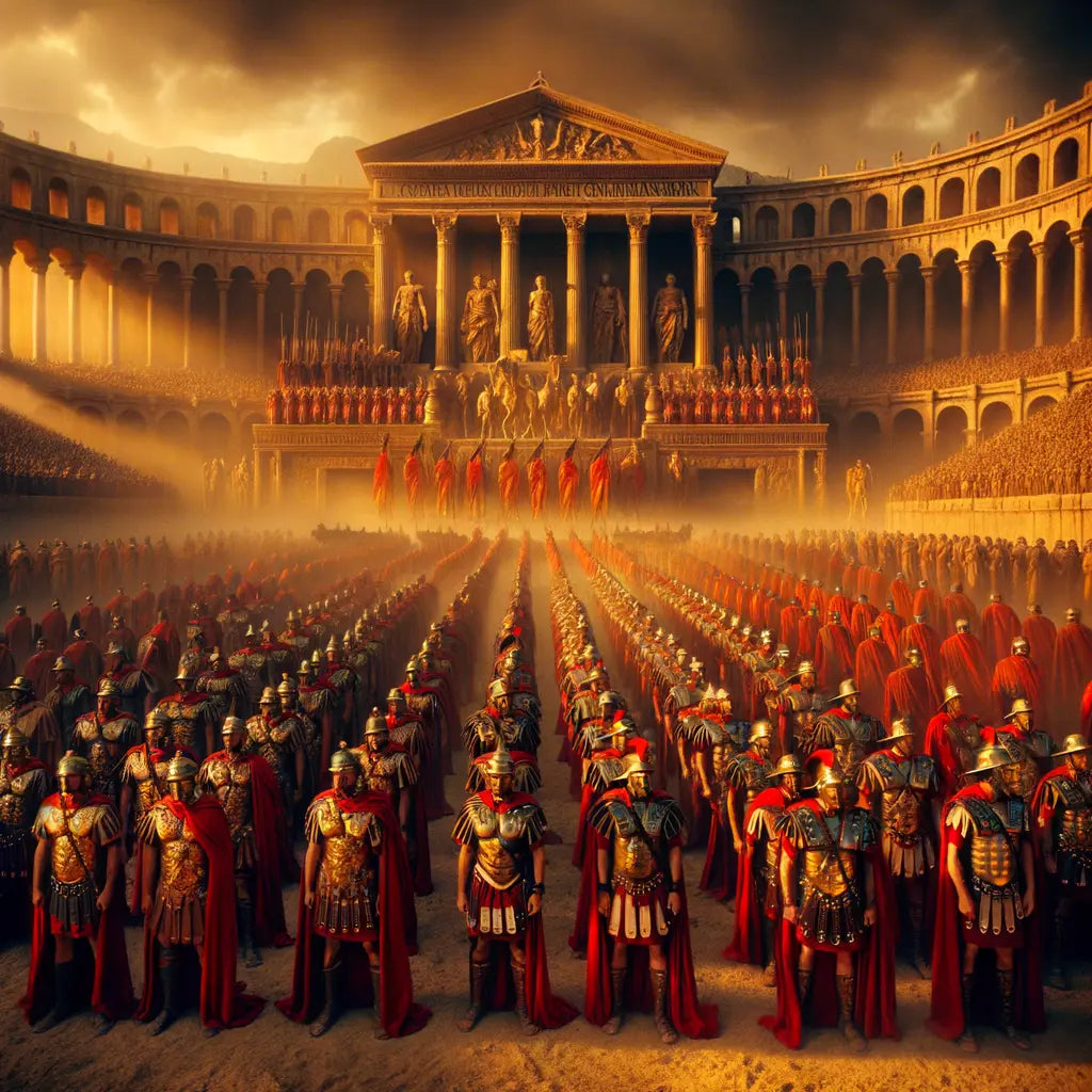 Roman Army hierarchy illustration with soldiers in armor, featuring contubernium, centuries, cohorts, and a legion against ancient Rome's backdrop, in 1960s historical film style.