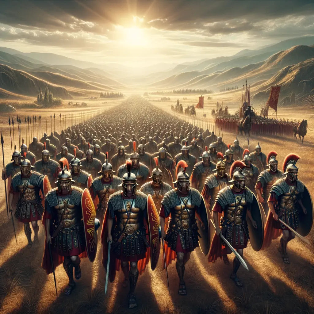Roman legionaries in traditional armor marching in formation across a rugged landscape, led by a centurion, in the style of classic 1960s historical films.