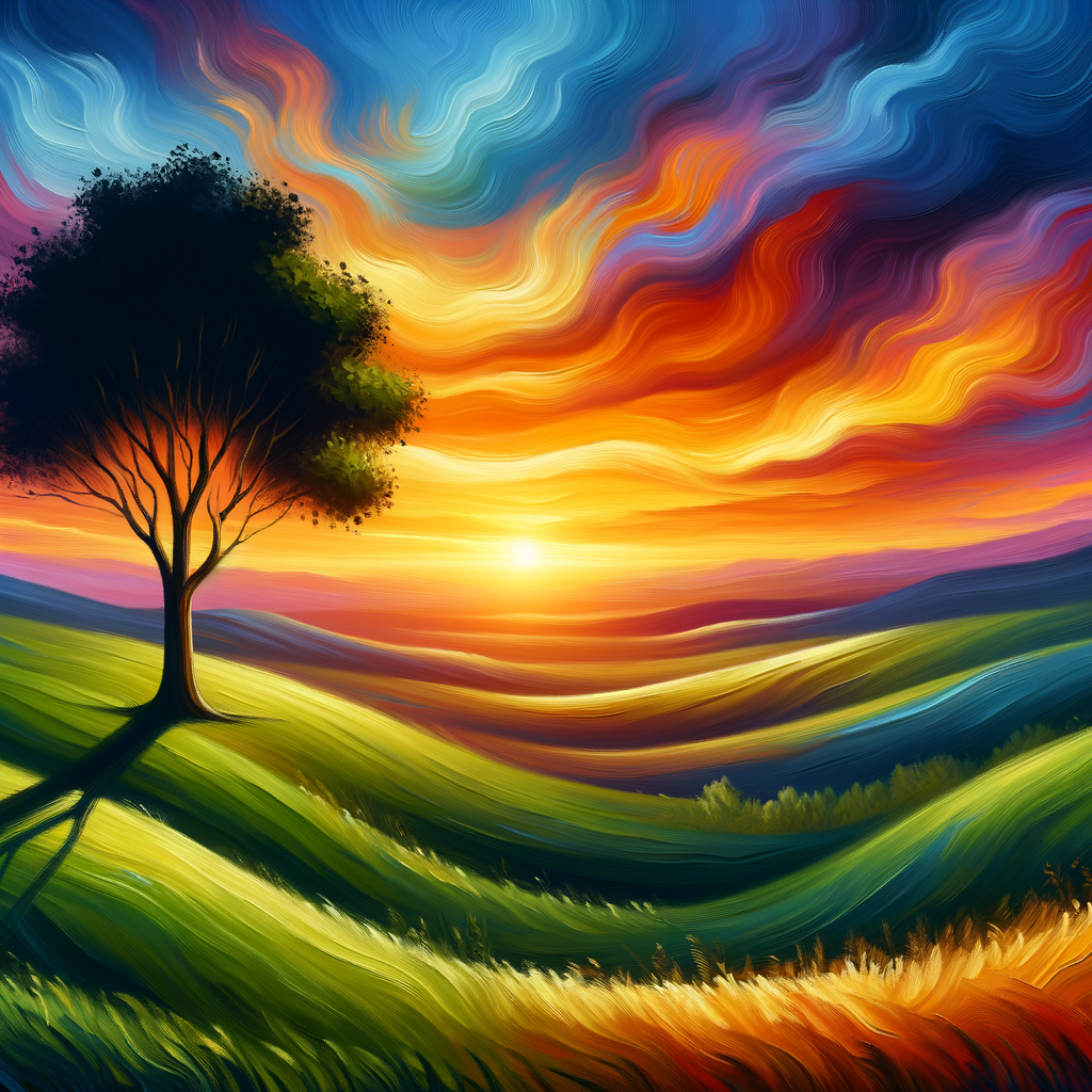 A beautiful sunset landscape with a tree on a hill and colorful clouds.