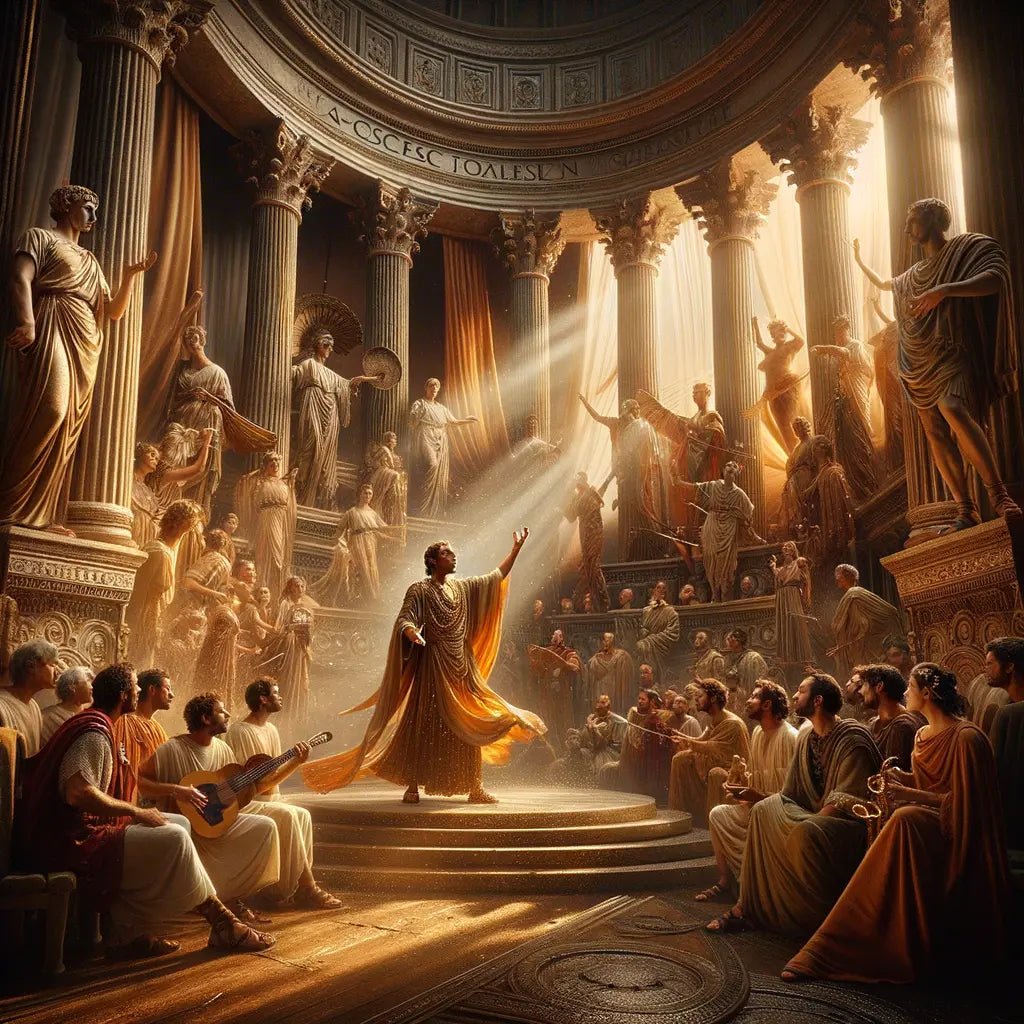 Emperor Nero performing in a Roman theater, surrounded by musical instruments and manuscripts, in a style inspired by 1960s historical films.