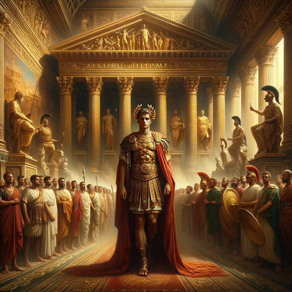 Emperor Nero stands in front of the Domus Aurea, surrounded by Roman art, an epic scene reflecting his dual role as ruler and artist in the style of 1960s historical films.