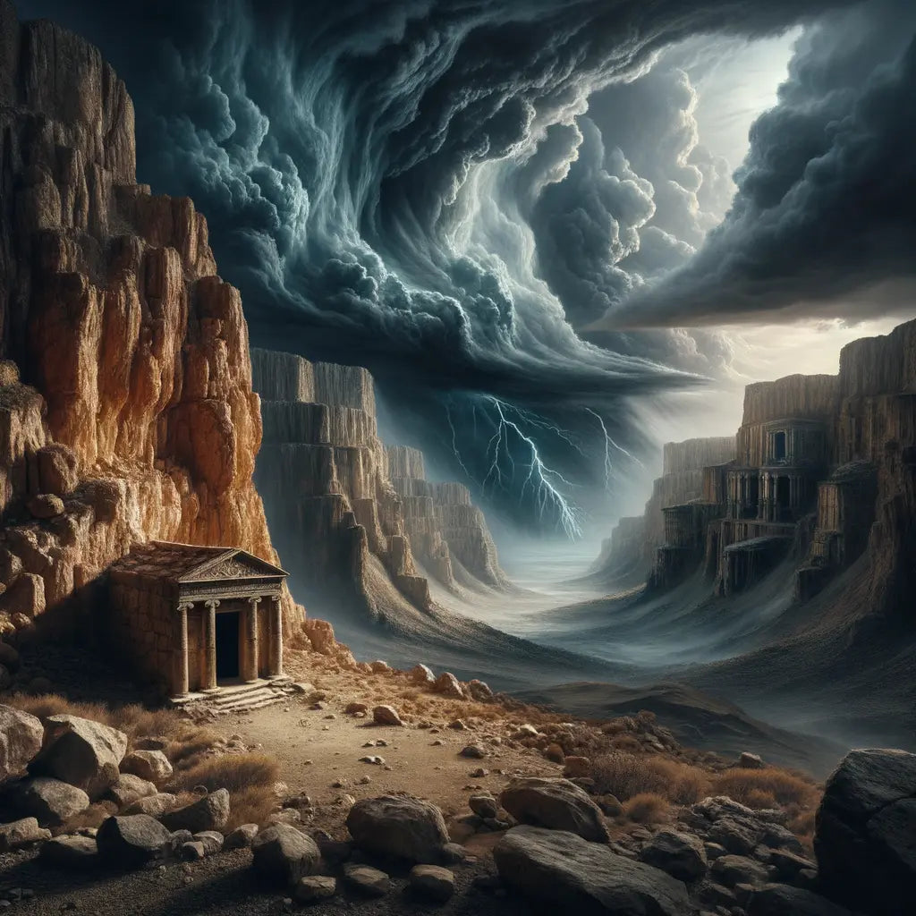 Stormy Roman landscape featuring a single cave as refuge, symbolizing Stoic and emotional balance, in classic film style.