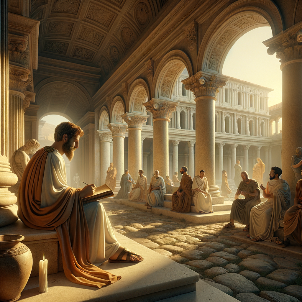 A serene ancient Roman philosopher in thought, seated against stoic architecture, evoking acceptance of fate in a 1960s historical epic style.