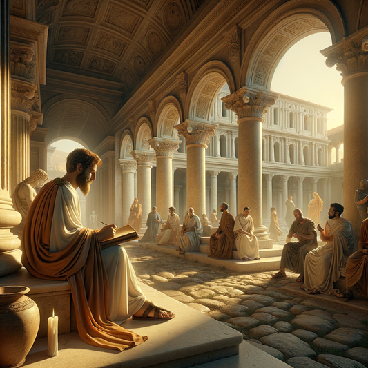 A serene ancient Roman philosopher in thought, seated against stoic architecture, evoking acceptance of fate in a 1960s historical epic style.