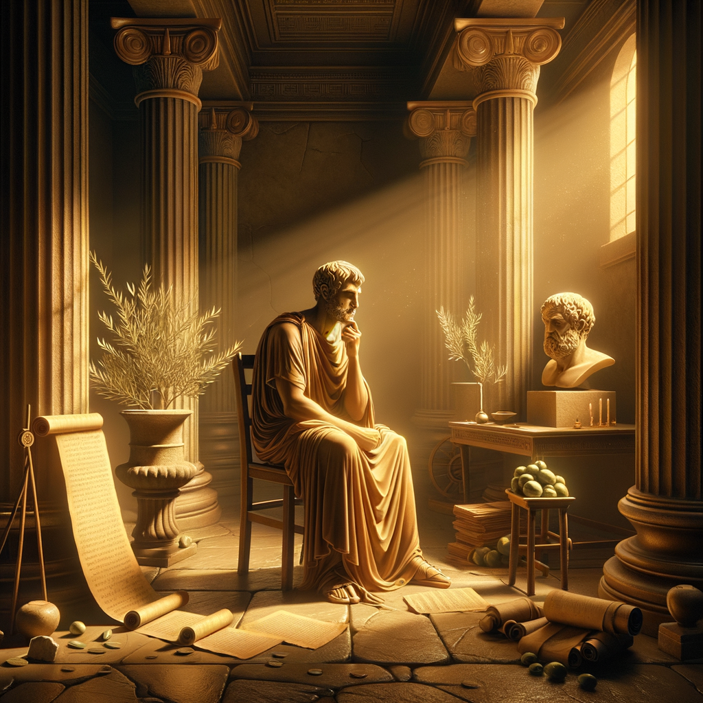 A serene image of Seneca, the Stoic philosopher, in a Roman setting, surrounded by scrolls and olive branches, styled like a classic 1960s historical film.