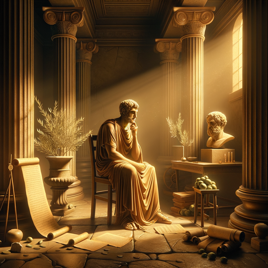 A serene image of Seneca, the Stoic philosopher, in a Roman setting, surrounded by scrolls and olive branches, styled like a classic 1960s historical film.