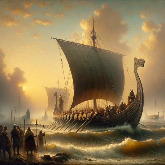 Viking longship sailing through a misty sea at dawn, echoing themes of exploration and adventure in a classic historical film style.
