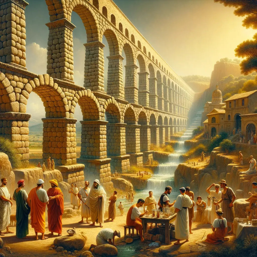 An ancient Roman aqueduct with flowing water through grand stone arches in a cinematic historical painting style, highlighting Roman engineering.