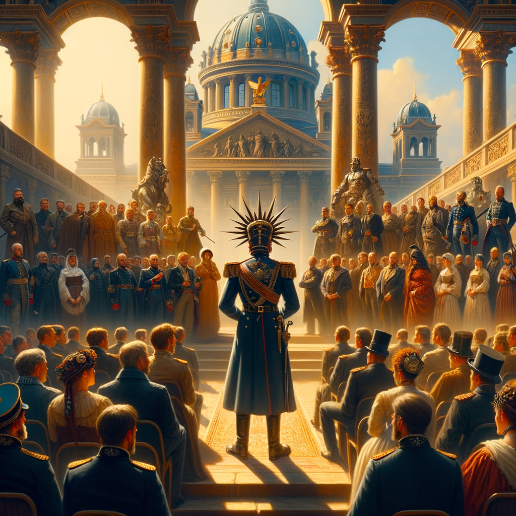 A grand oil painting depicting Otto von Bismarck unifying German states, surrounded by figures in 19th-century attire and grand architecture, in a style reminiscent of 1960s historical epics.