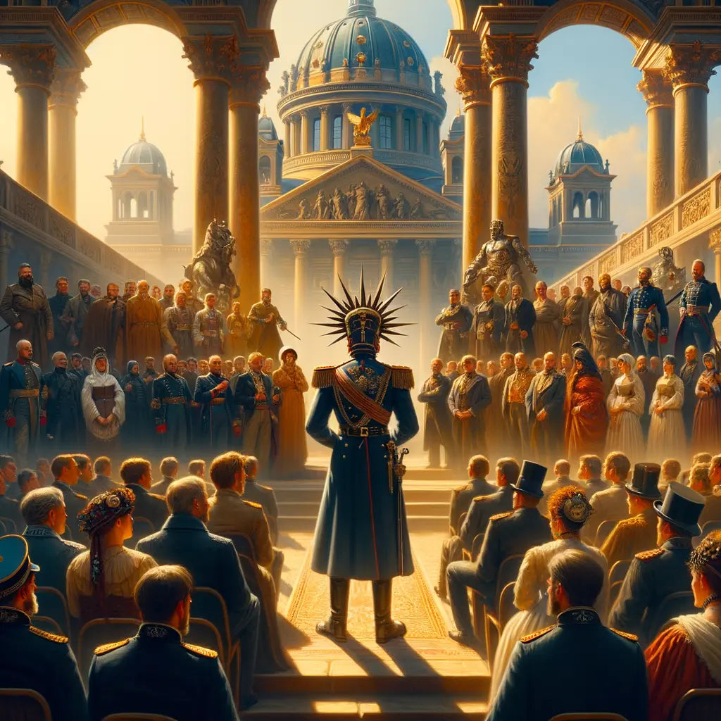 A grand oil painting depicting Otto von Bismarck unifying German states, surrounded by figures in 19th-century attire and grand architecture, in a style reminiscent of 1960s historical epics.