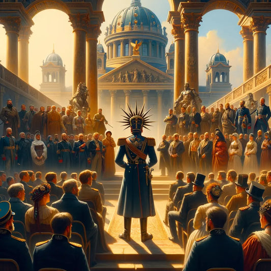 A grand oil painting depicting Otto von Bismarck unifying German states, surrounded by figures in 19th-century attire and grand architecture, in a style reminiscent of 1960s historical epics.