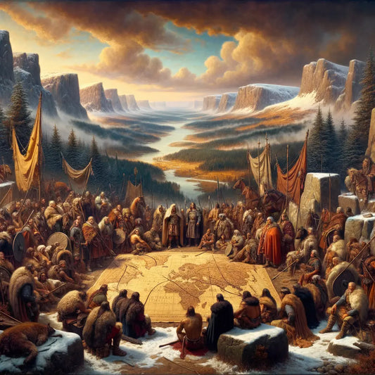 Cinematic depiction of East Germanic tribes migrating from Scandinavia to the Roman Empire, influenced by 1960s historical film style.