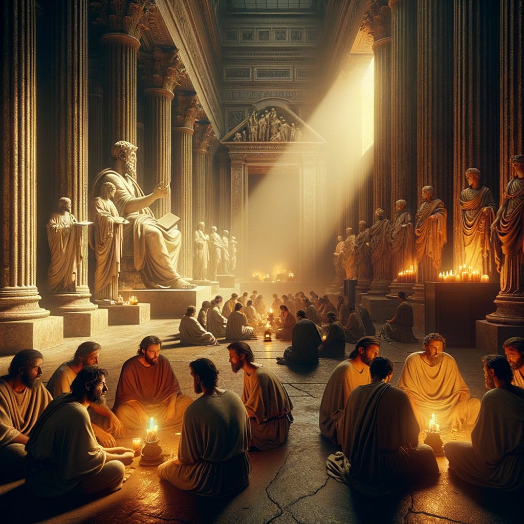 Early Christians worship discreetly in a Roman catacomb, juxtaposed with grand statues of emperors, in a style inspired by 1960s historical film art.