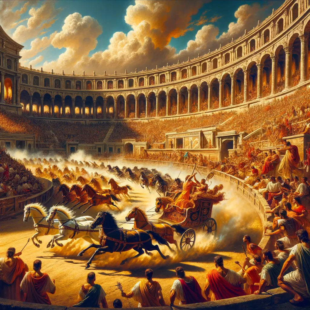 Chariot race at Circus Maximus with excited crowd in a 1960s film style.