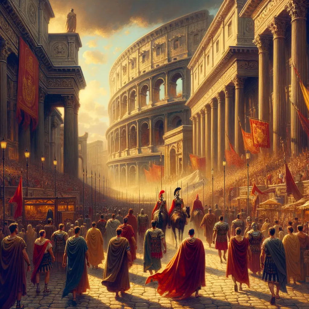 A vibrant scene from Ancient Rome with traders, gladiatorial games, and a general wearing a laurel wreath marching, inspired by 1960s historical film style.